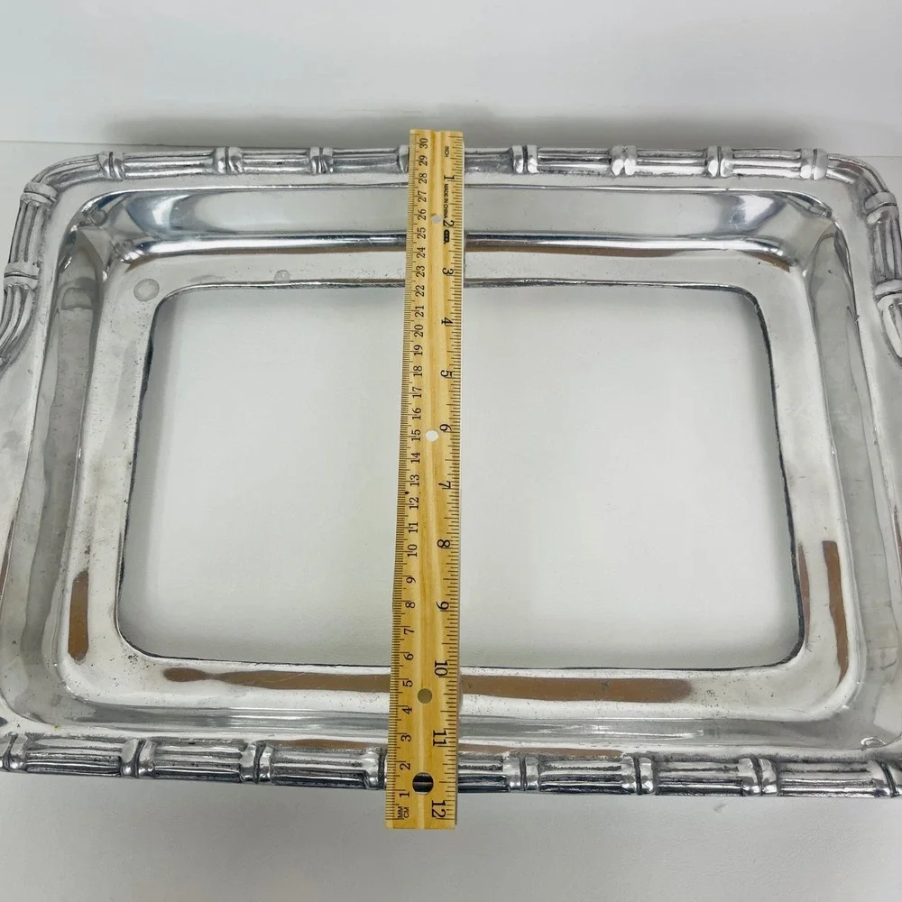 Unbranded Casserole Dish Holder Silver Bamboo Trim Rectangular Pewter Good